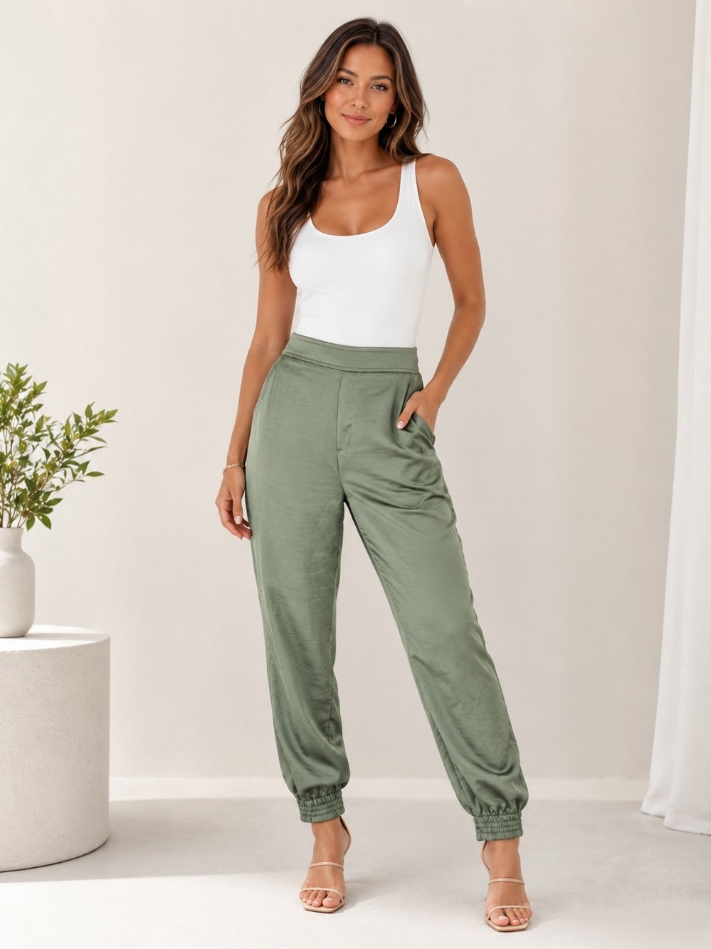 Simply Vera Vera Wang Sea Spray Satin Jogger Pants Green Size L